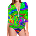 Green Abstract Liquid Trippy Print Long Sleeve Swimsuit