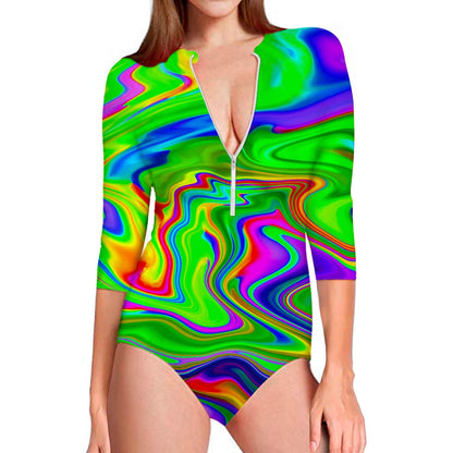 Green Abstract Liquid Trippy Print Long Sleeve Swimsuit