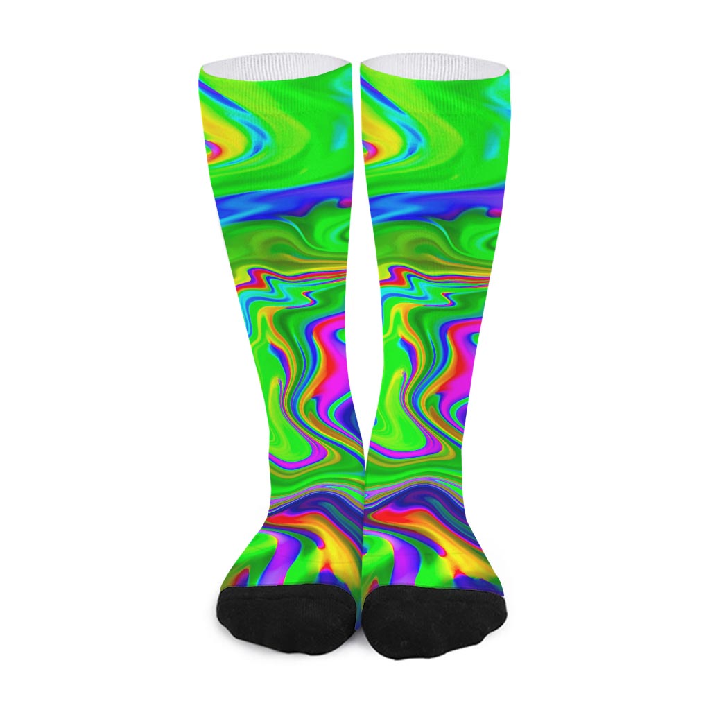 Green Abstract Liquid Trippy Print Long Socks