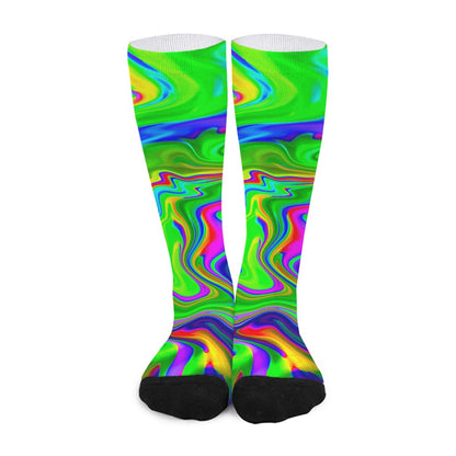 Green Abstract Liquid Trippy Print Long Socks
