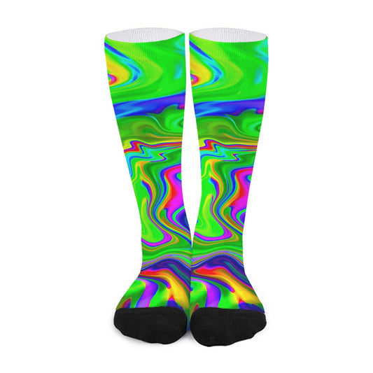 Green Abstract Liquid Trippy Print Long Socks