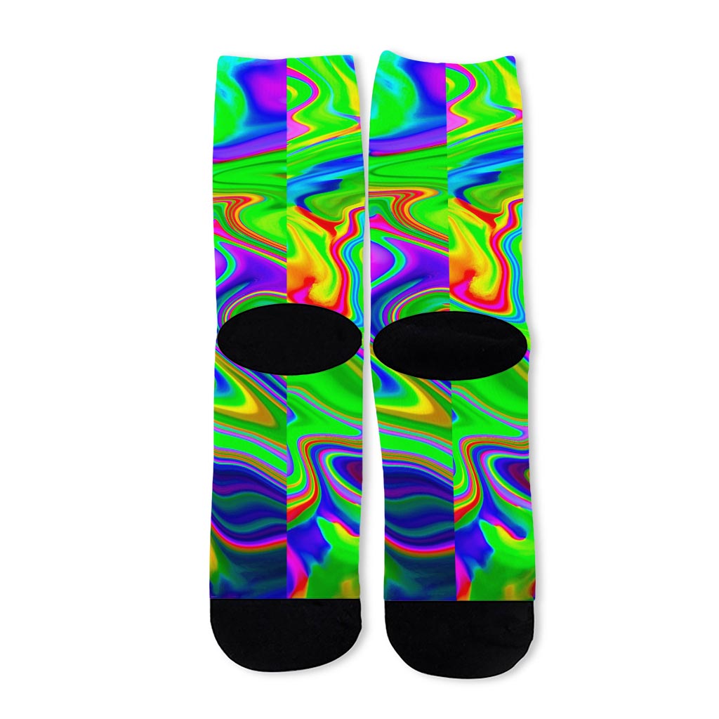 Green Abstract Liquid Trippy Print Long Socks