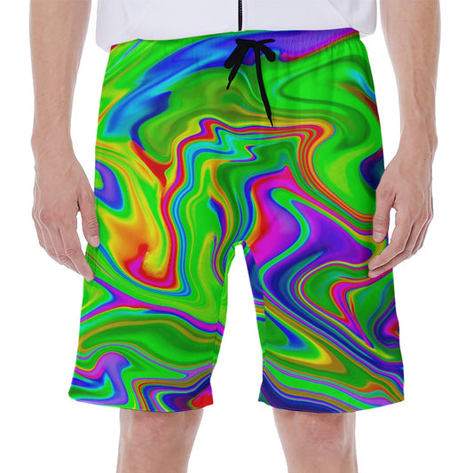 Green Abstract Liquid Trippy Print Men's Beach Shorts