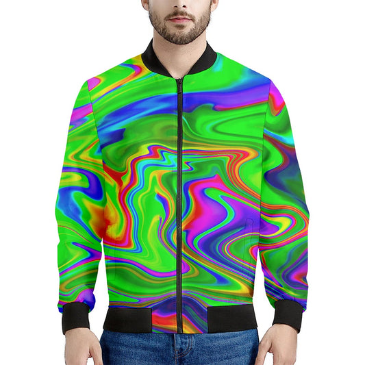 Green Abstract Liquid Trippy Print Men's Bomber Jacket