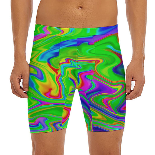 Green Abstract Liquid Trippy Print Men's Long Boxer Briefs