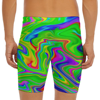 Green Abstract Liquid Trippy Print Men's Long Boxer Briefs