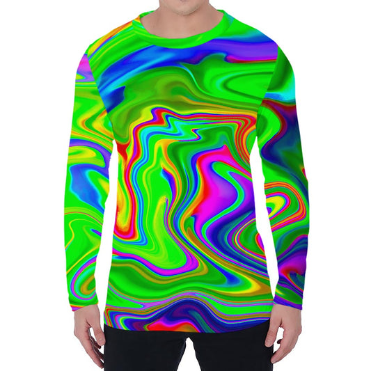 Green Abstract Liquid Trippy Print Men's Long Sleeve T-Shirt