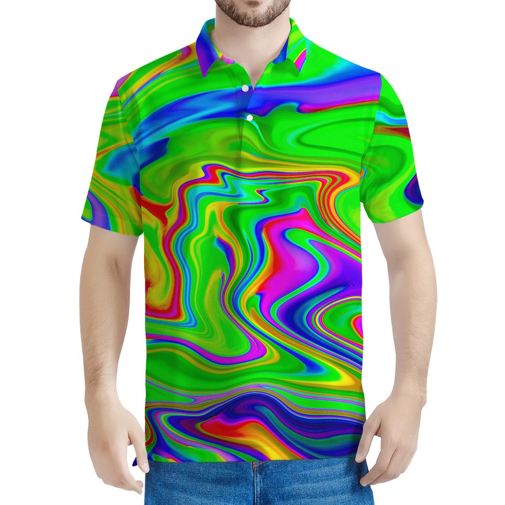 Green Abstract Liquid Trippy Print Men's Polo Shirt