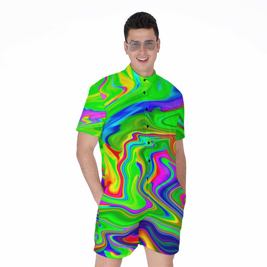 Green Abstract Liquid Trippy Print Men's Rompers