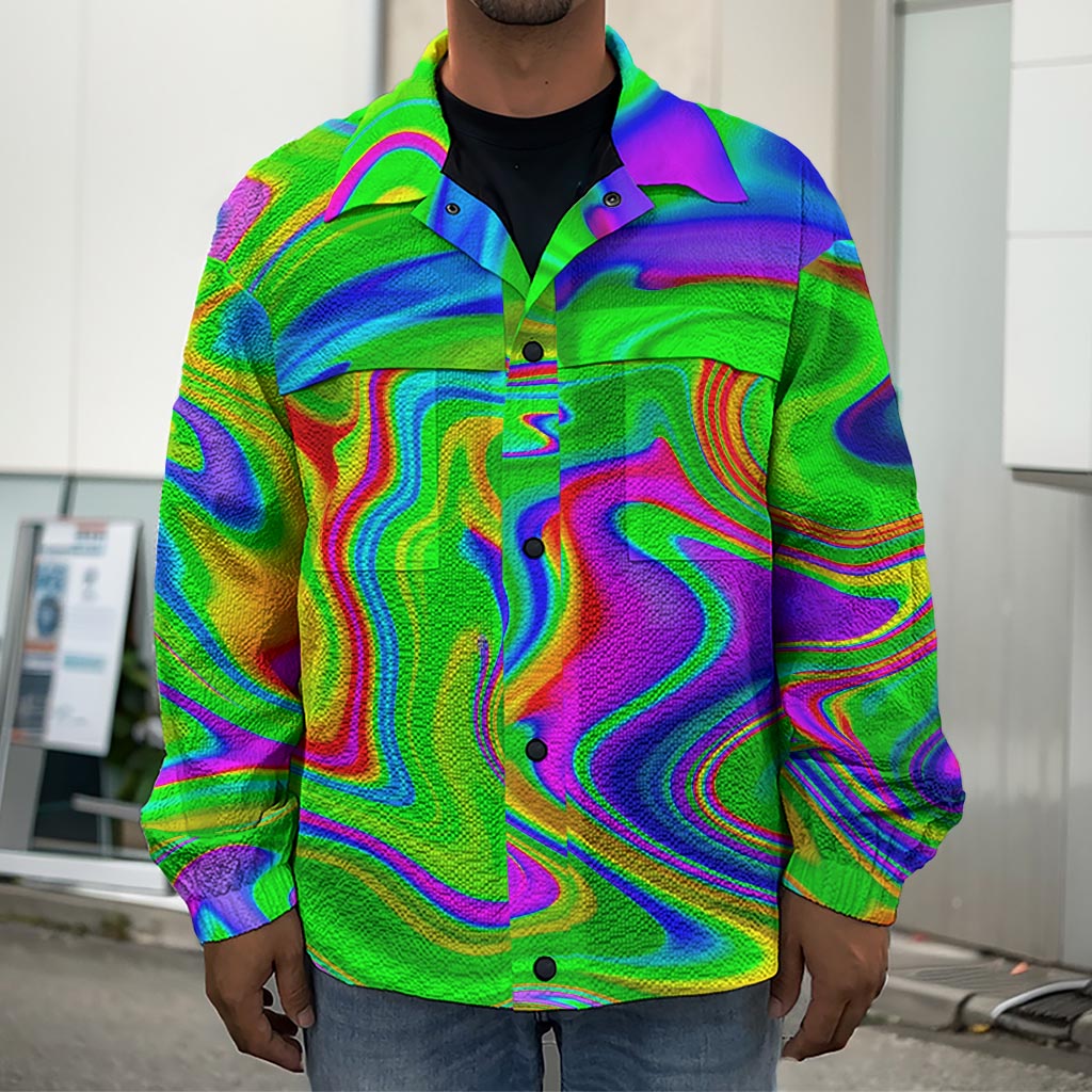 Green Abstract Liquid Trippy Print Men's Shirt Jacket