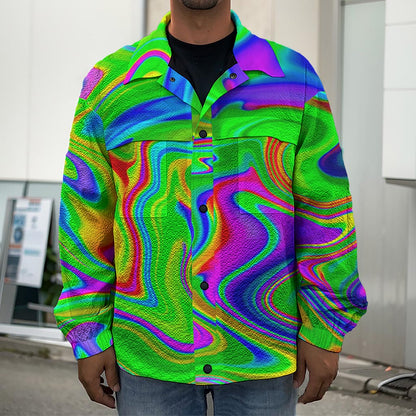 Green Abstract Liquid Trippy Print Men's Shirt Jacket