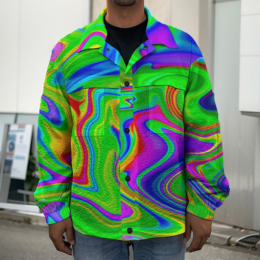 Green Abstract Liquid Trippy Print Men's Shirt Jacket