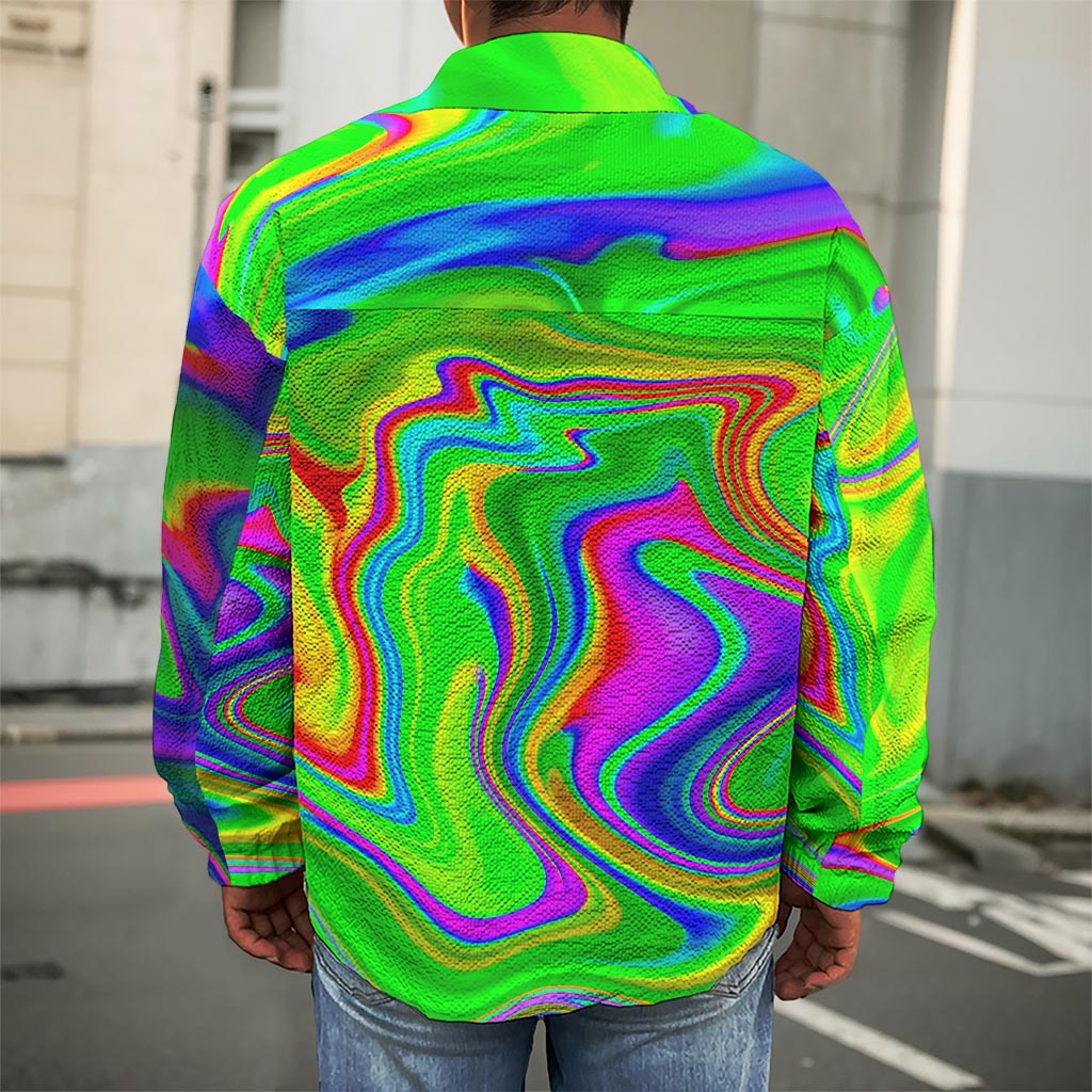 Green Abstract Liquid Trippy Print Men's Shirt Jacket