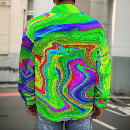 Green Abstract Liquid Trippy Print Men's Shirt Jacket