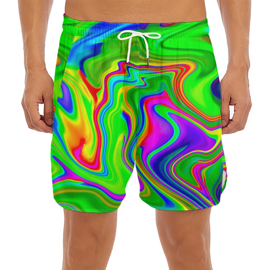 Green Abstract Liquid Trippy Print Men's Split Running Shorts