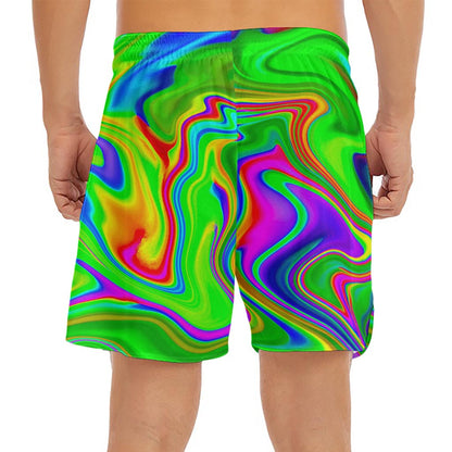 Green Abstract Liquid Trippy Print Men's Split Running Shorts