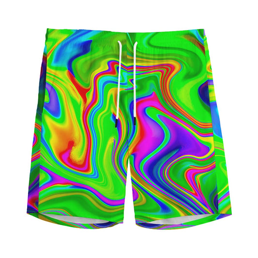 Green Abstract Liquid Trippy Print Men's Sports Shorts
