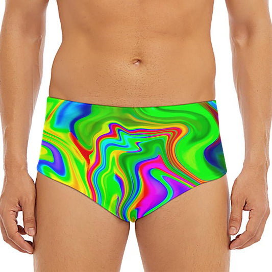Green Abstract Liquid Trippy Print Men's Triangle Swim Briefs