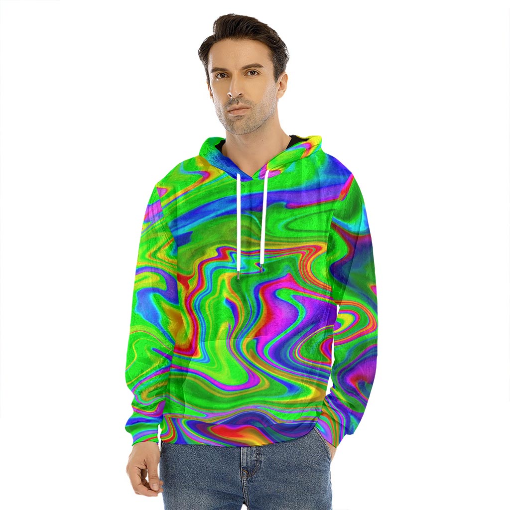 Green Abstract Liquid Trippy Print Men's Velvet Pullover Hoodie