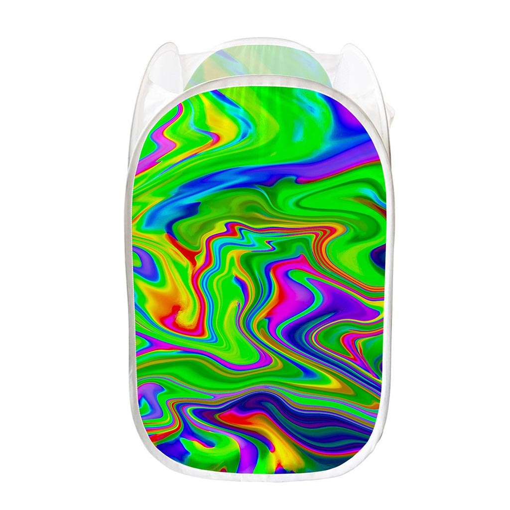Green Abstract Liquid Trippy Print Mesh Laundry Hamper