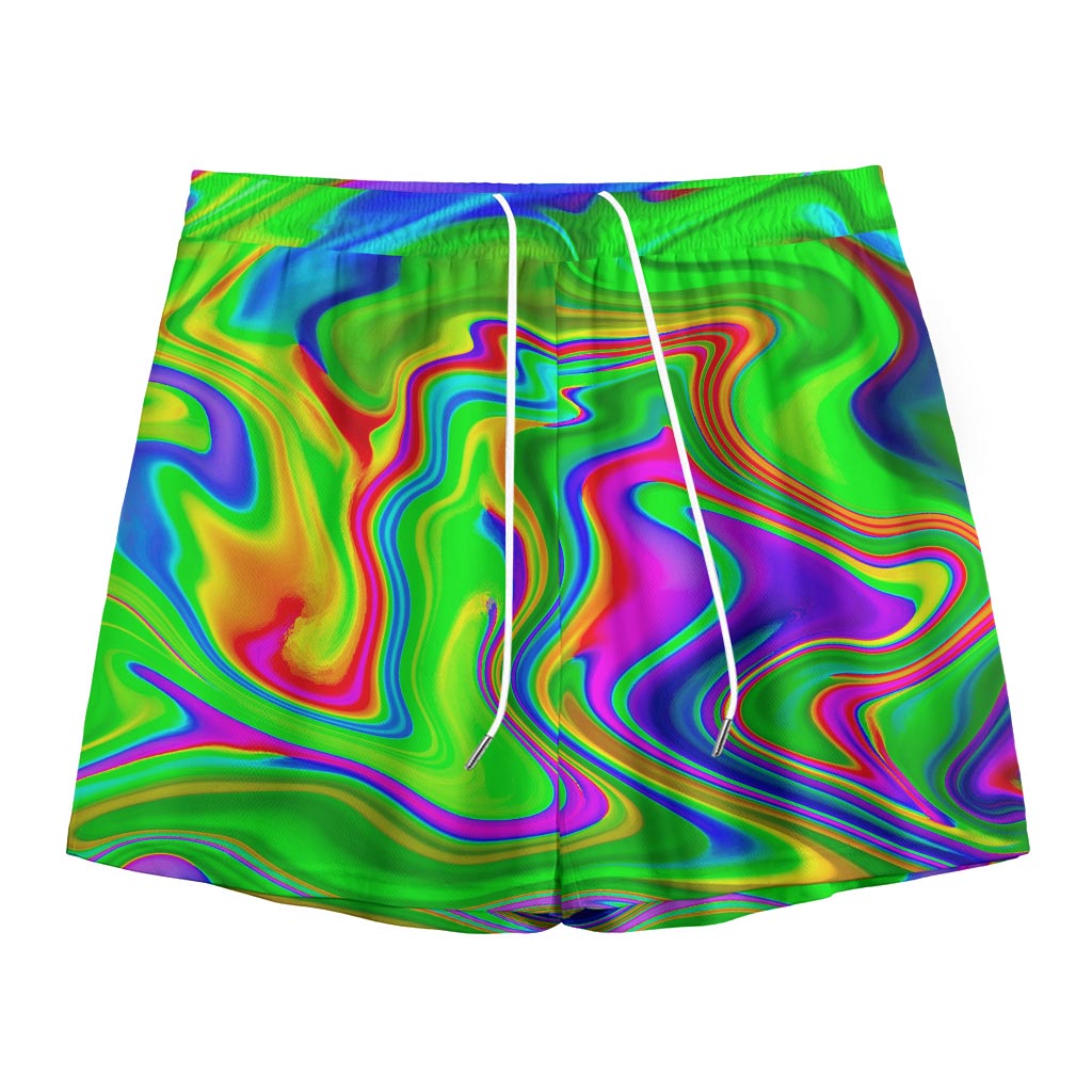 Green Abstract Liquid Trippy Print Mesh Shorts