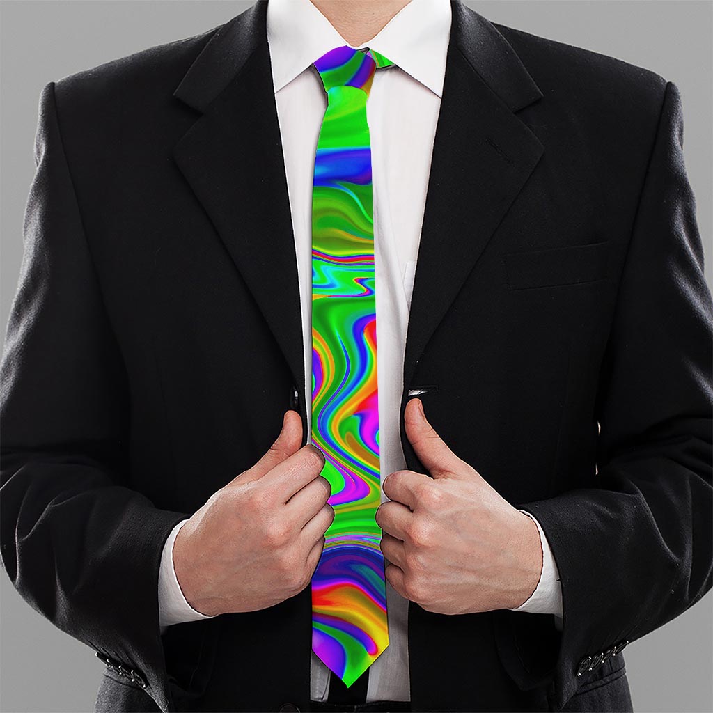 Green Abstract Liquid Trippy Print Necktie