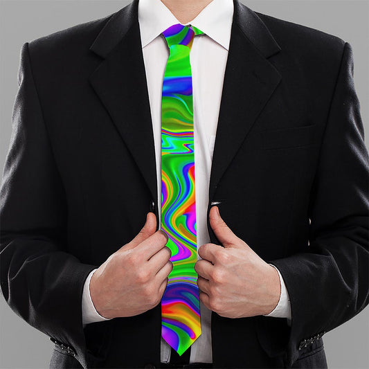 Green Abstract Liquid Trippy Print Necktie