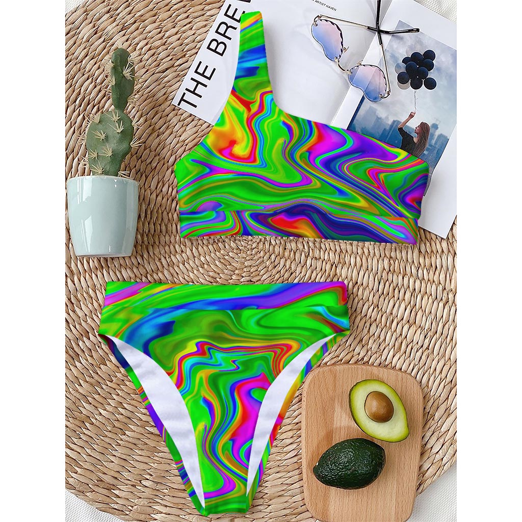 Green Abstract Liquid Trippy Print One Shoulder Bikini Top