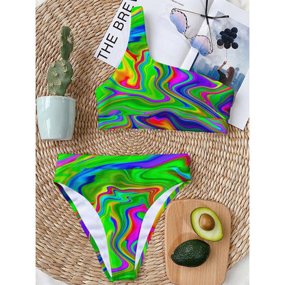 Green Abstract Liquid Trippy Print One Shoulder Bikini Top