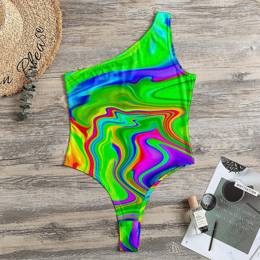 Green Abstract Liquid Trippy Print One Shoulder Bodysuit
