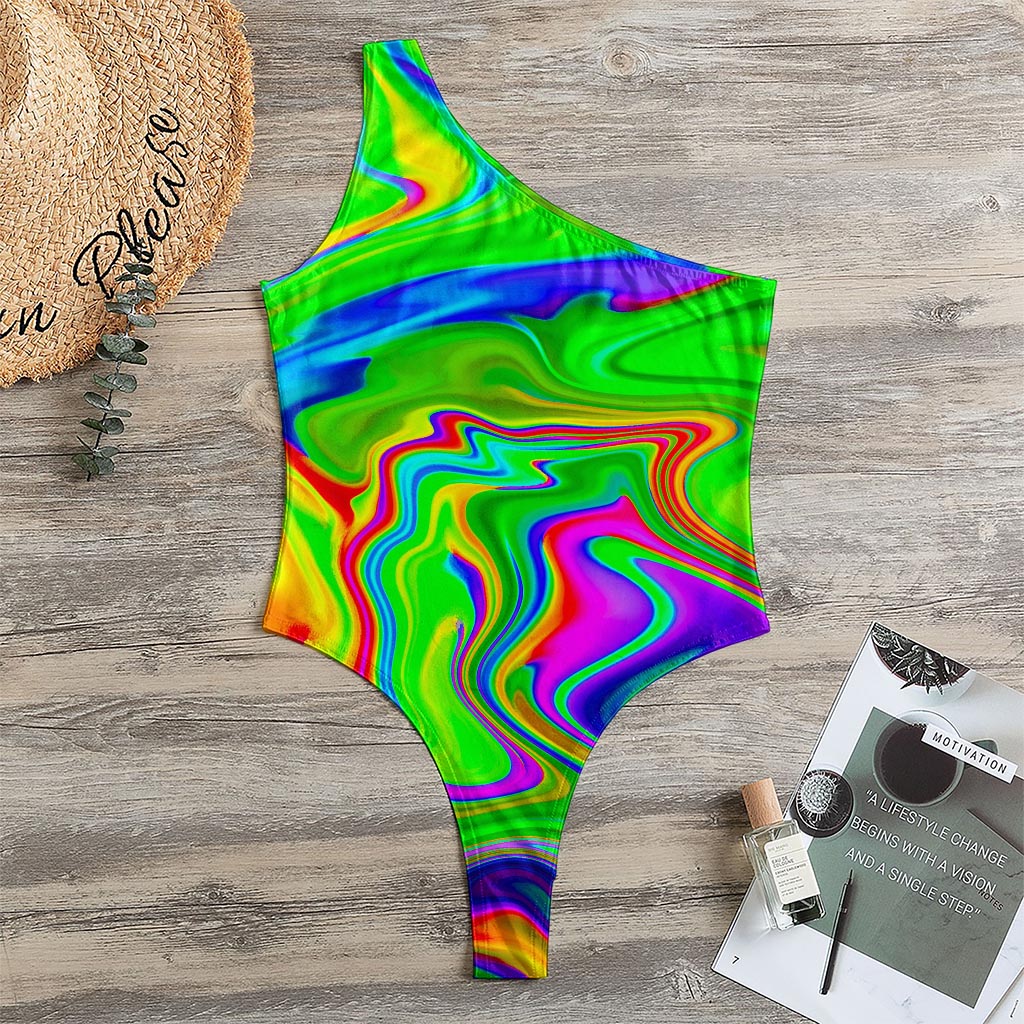 Green Abstract Liquid Trippy Print One Shoulder Bodysuit