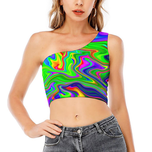 Green Abstract Liquid Trippy Print One Shoulder Crop Top