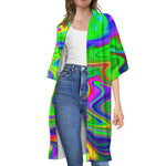 Green Abstract Liquid Trippy Print Open Front Beach Cover Up