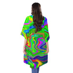 Green Abstract Liquid Trippy Print Open Front Beach Cover Up