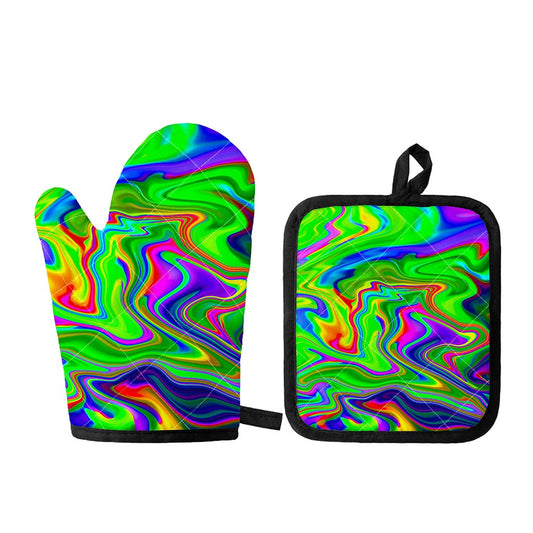 Green Abstract Liquid Trippy Print Oven Mitt And Pot Holder Set