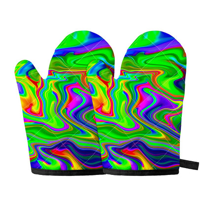 Green Abstract Liquid Trippy Print Oven Mitts