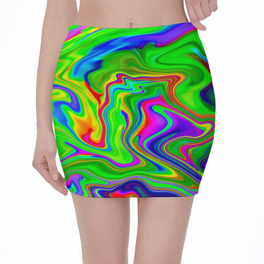 Green Abstract Liquid Trippy Print Pencil Mini Skirt