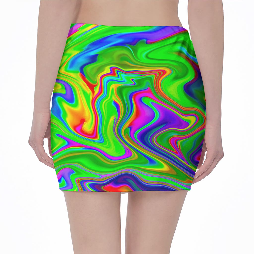 Green Abstract Liquid Trippy Print Pencil Mini Skirt