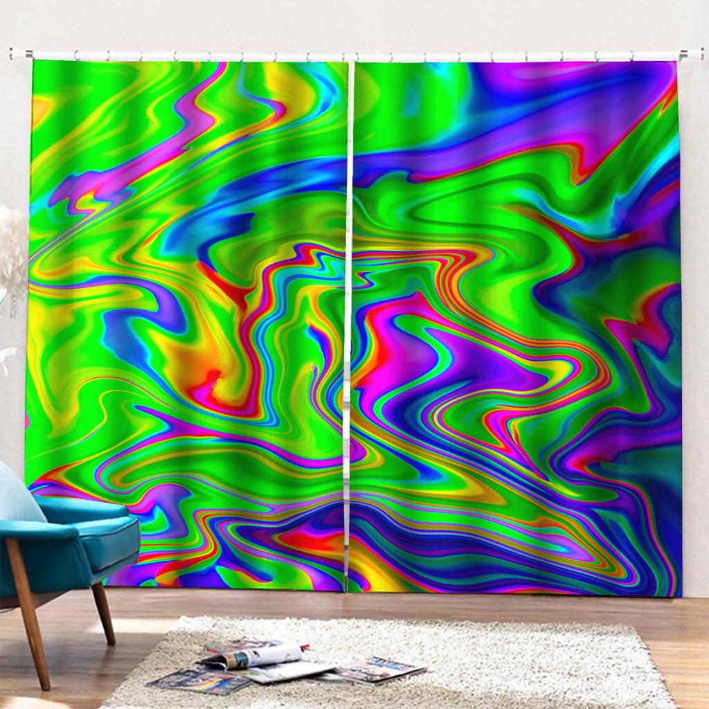 Green Abstract Liquid Trippy Print Pencil Pleat Curtains