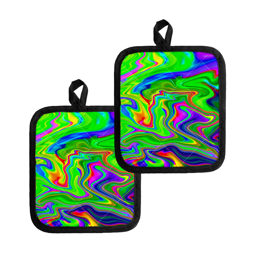 Green Abstract Liquid Trippy Print Pot Holders