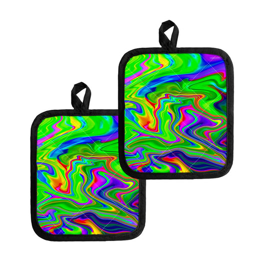 Green Abstract Liquid Trippy Print Pot Holders