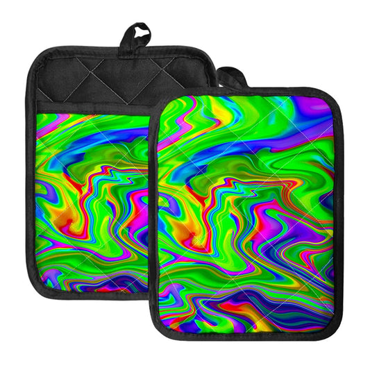 Green Abstract Liquid Trippy Print Pot Holders With Pocket
