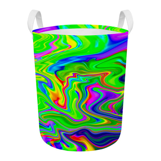 Green Abstract Liquid Trippy Print Round Laundry Basket