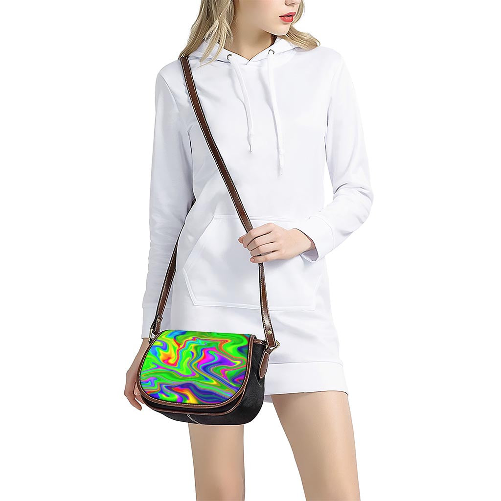 Green Abstract Liquid Trippy Print Saddle Bag