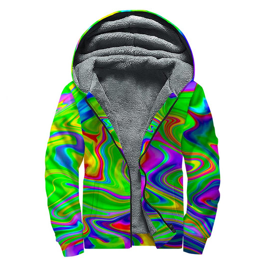 Green Abstract Liquid Trippy Print Sherpa Lined Zip Up Hoodie