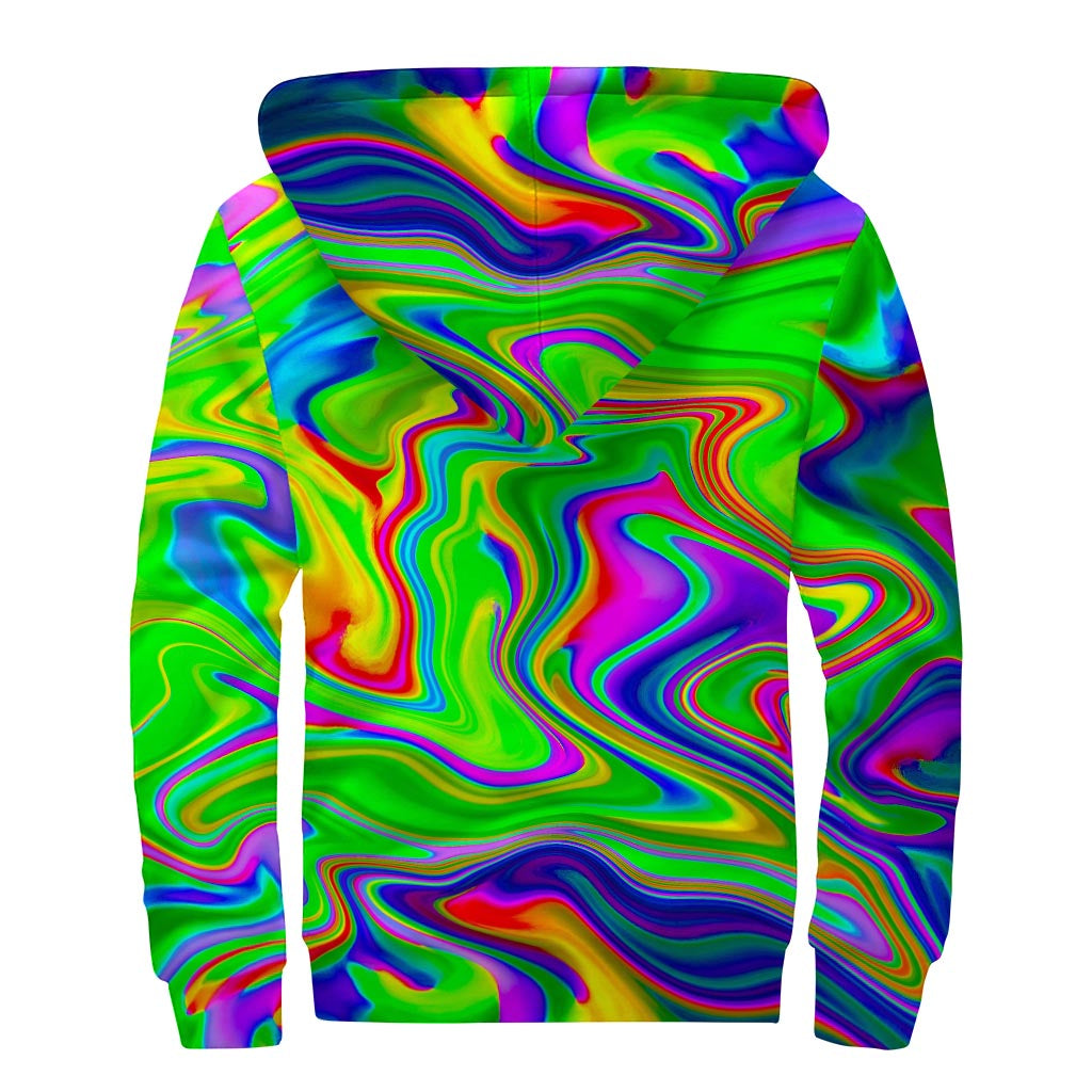 Green Abstract Liquid Trippy Print Sherpa Lined Zip Up Hoodie