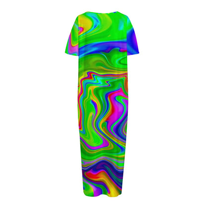 Green Abstract Liquid Trippy Print Short Sleeve Long Nightdress