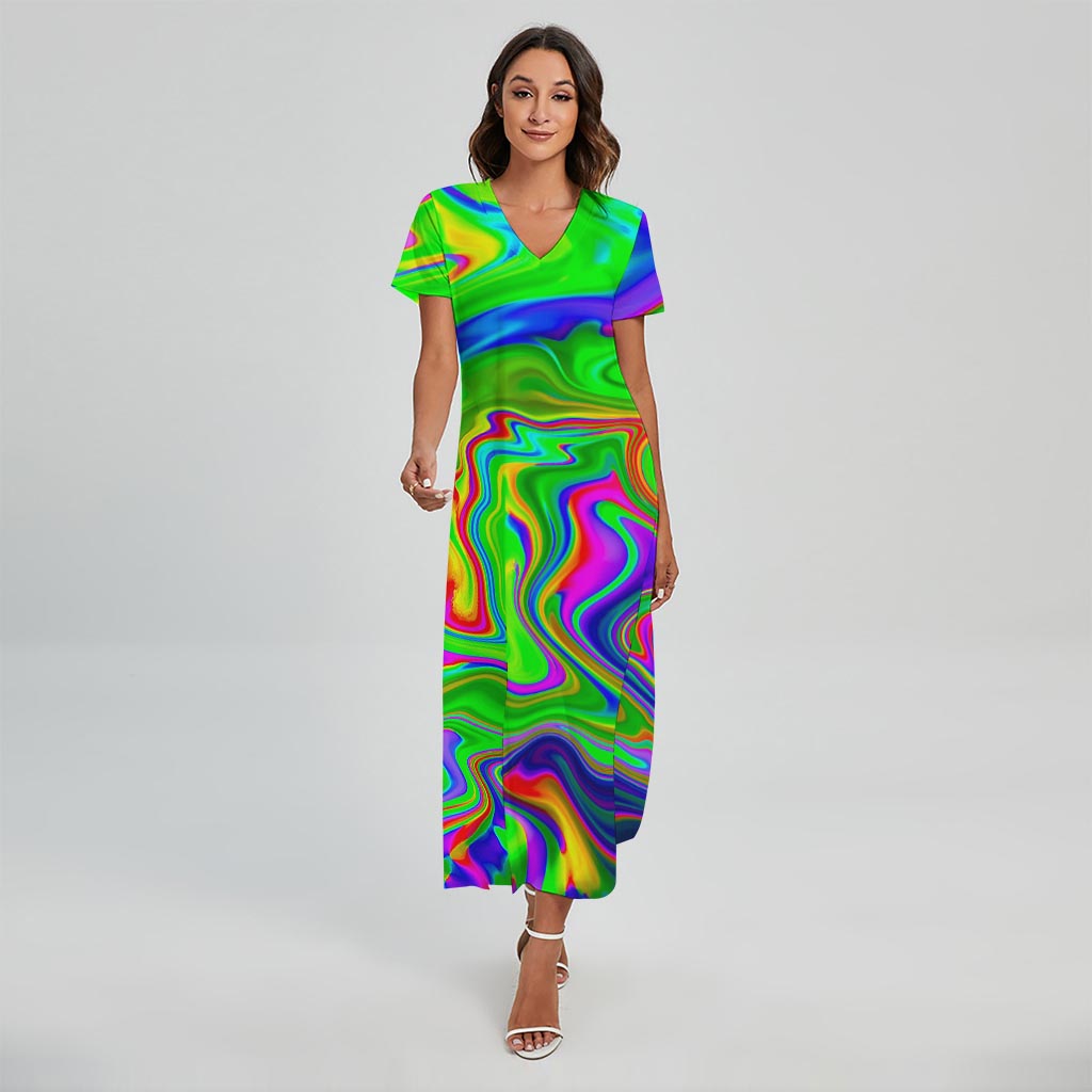 Green Abstract Liquid Trippy Print Short Sleeve Maxi Dress