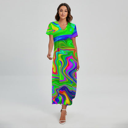 Green Abstract Liquid Trippy Print Short Sleeve Maxi Dress