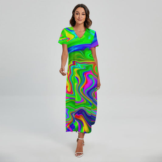 Green Abstract Liquid Trippy Print Short Sleeve Maxi Dress